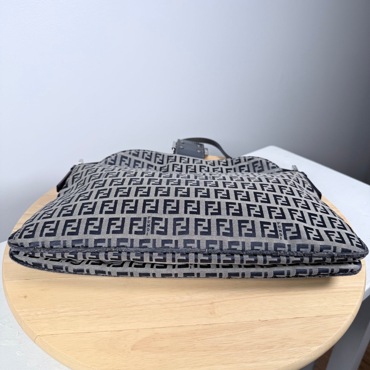 FENDI Zucchino Canvas Mamma Baguette Shoulder Bag Navy Silver