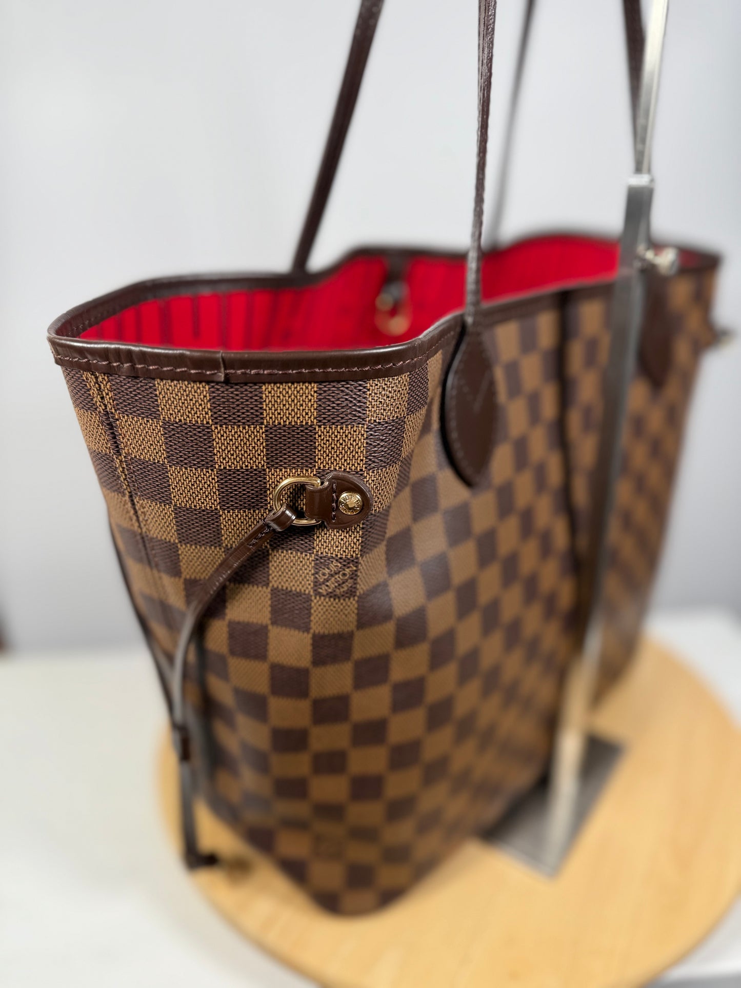 Louis Vuitton Neverfull MM Damier Ebene Canvas Cherry Red Lining Tote Bag