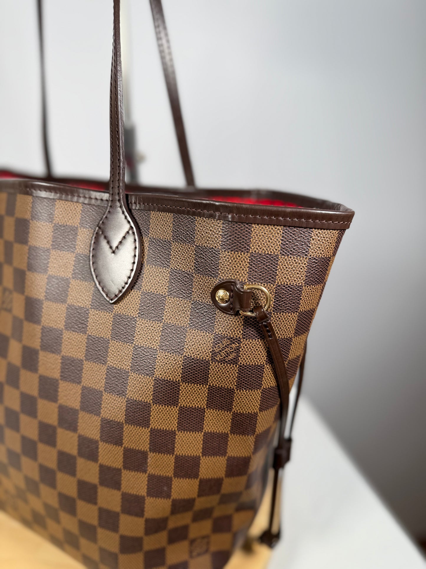 Louis Vuitton Neverfull MM Damier Ebene Canvas Cherry Red Lining Tote Bag