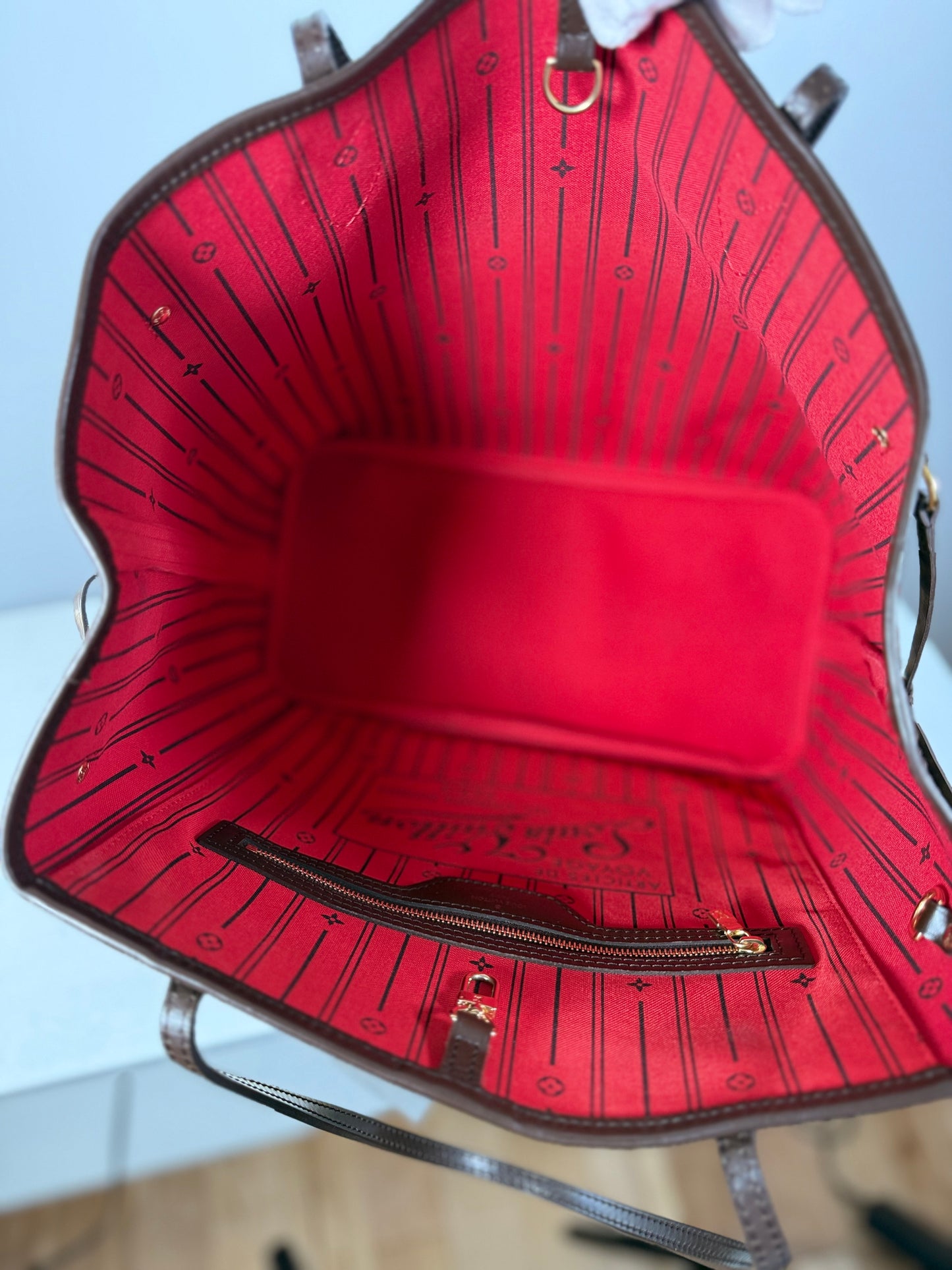 Louis Vuitton Neverfull MM Damier Ebene Canvas Cherry Red Lining Tote Bag