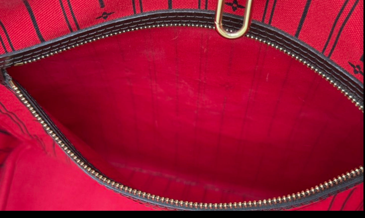 Louis Vuitton Neverfull MM Damier Ebene Canvas Cherry Red Lining Tote Bag
