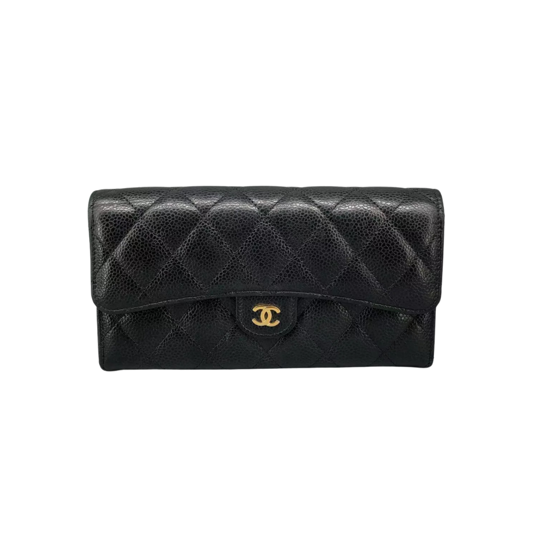Chanel Classic Quilted Caviar Long Flap Wallet Gold CC Logo