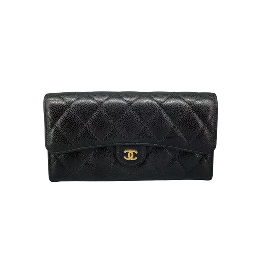 Chanel Classic Quilted Caviar Long Flap Wallet Gold CC Logo