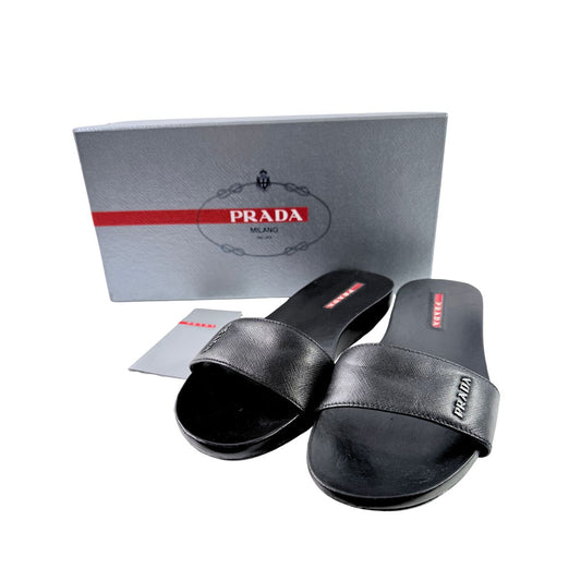 Prada Saffiano Leather Black Slide Sandals