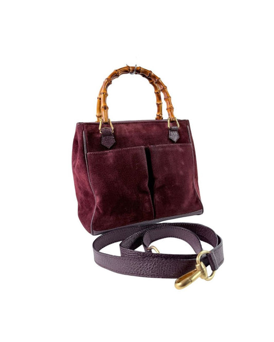 Gucci Bamboo Top Handle Burgundy Suede Leather Bag