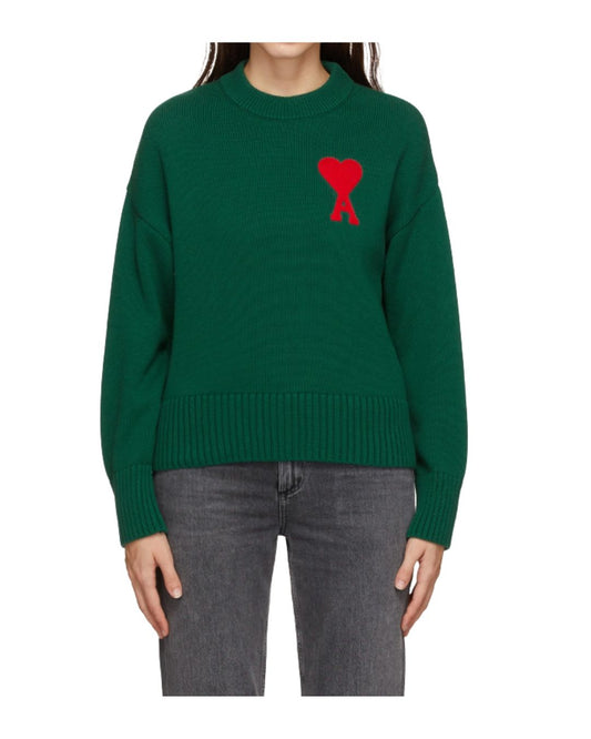 AMI Alexandre Mattiussi Ami de Cœur Green Cotton Wool Knit Sweater