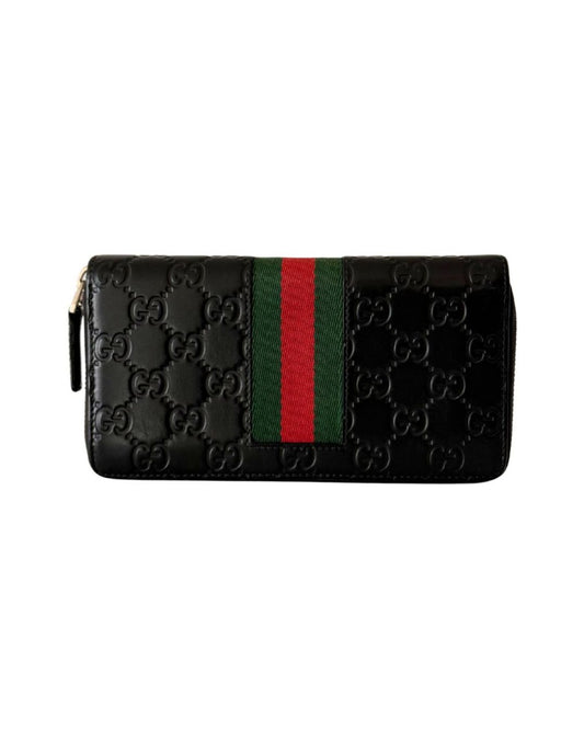 Gucci Web Guccissima Black Leather Zip Around Wallet