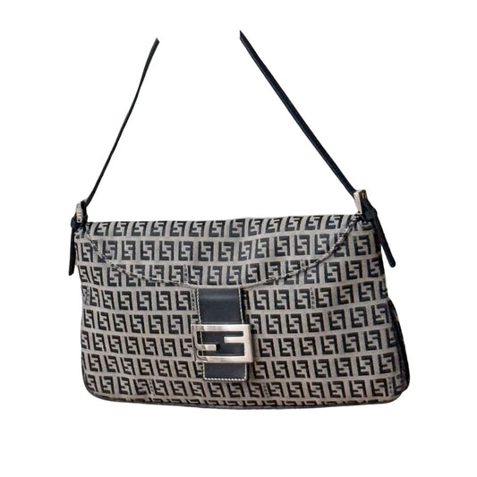 FENDI Zucchino Canvas Mamma Baguette Shoulder Bag Navy Silver
