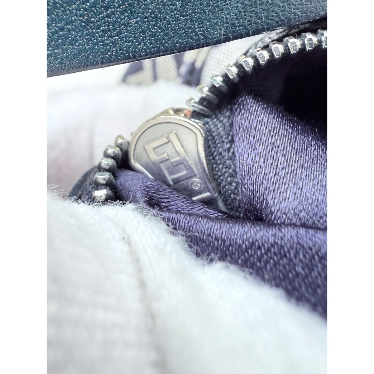 FENDI Zucchino Canvas Mamma Baguette Shoulder Bag Navy Silver