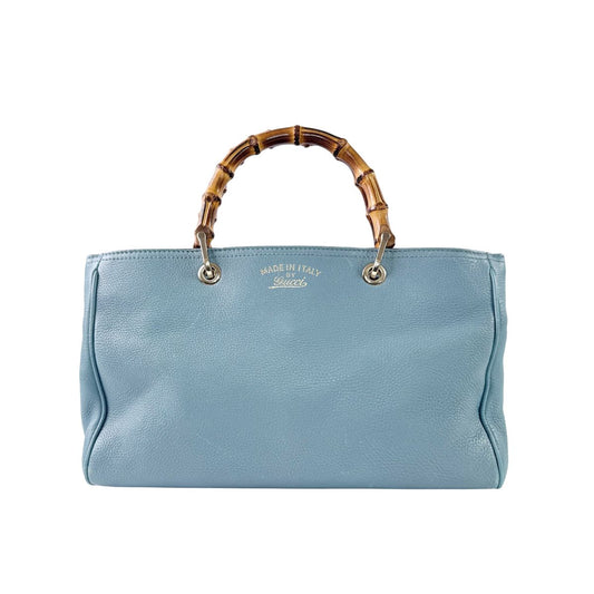 Gucci  Bamboo Pebbled Leather Blue Shopper Tote