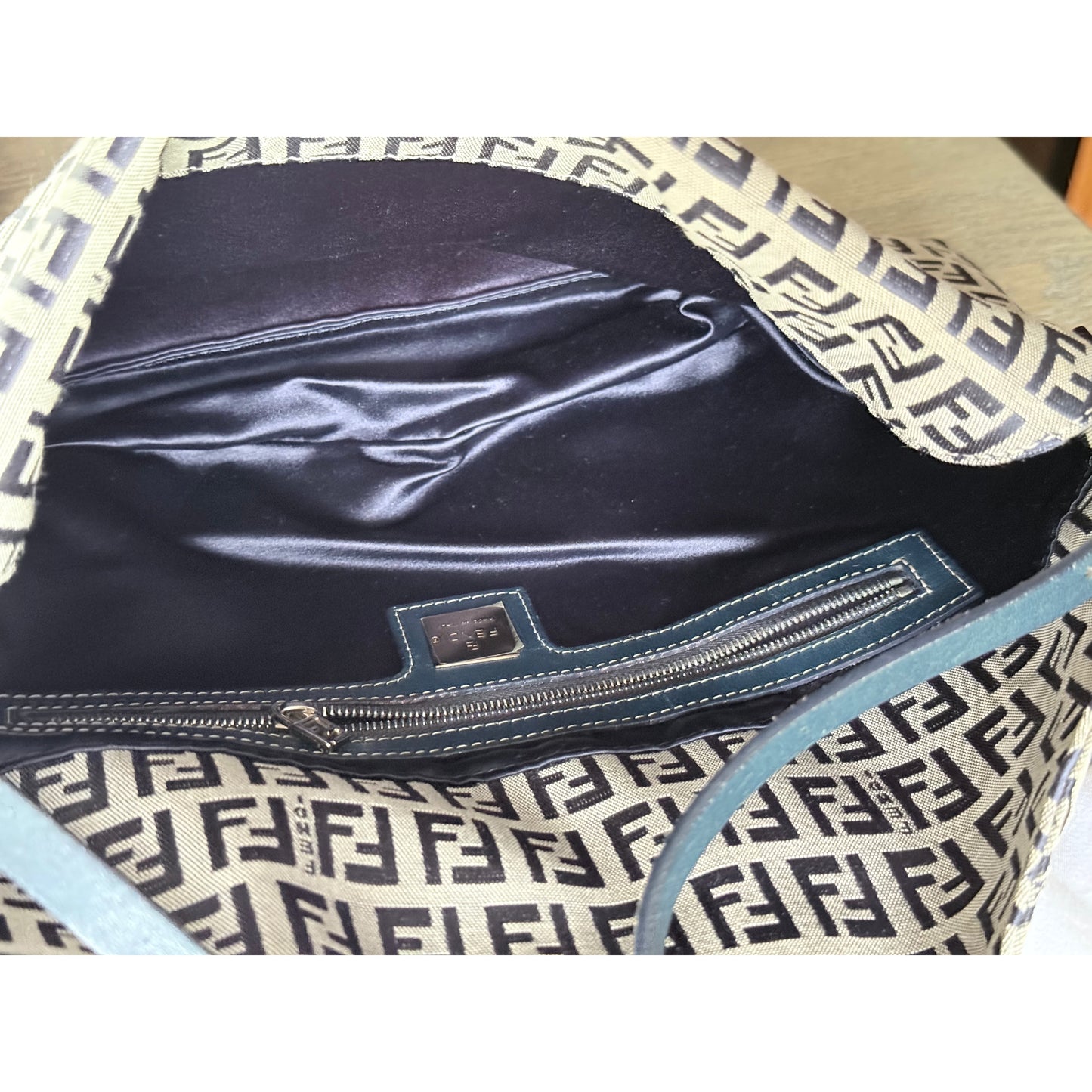 FENDI Zucchino Canvas Mamma Baguette Shoulder Bag Navy Silver