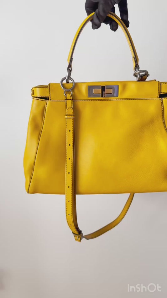 Fendi Peekaboo Yellow Leather Medium Satchel Bag