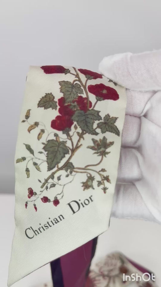 Dior Mitzah Scarf Silk Burgundy Logo and Floral Ivory Twilly